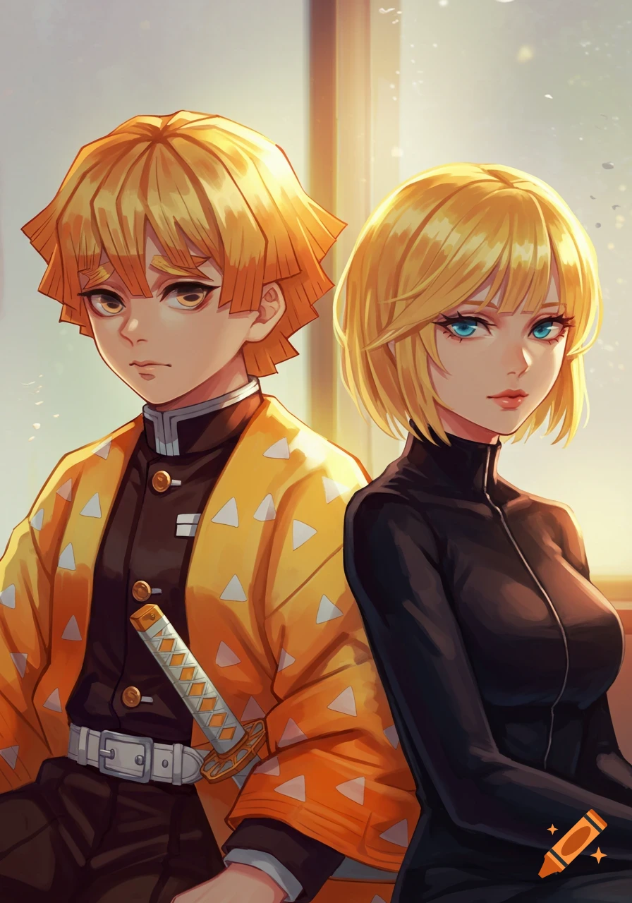 Anime characters Zenitsu Agatsuma and a blonde woman in a black suit, depicted in a vibrant anime style.