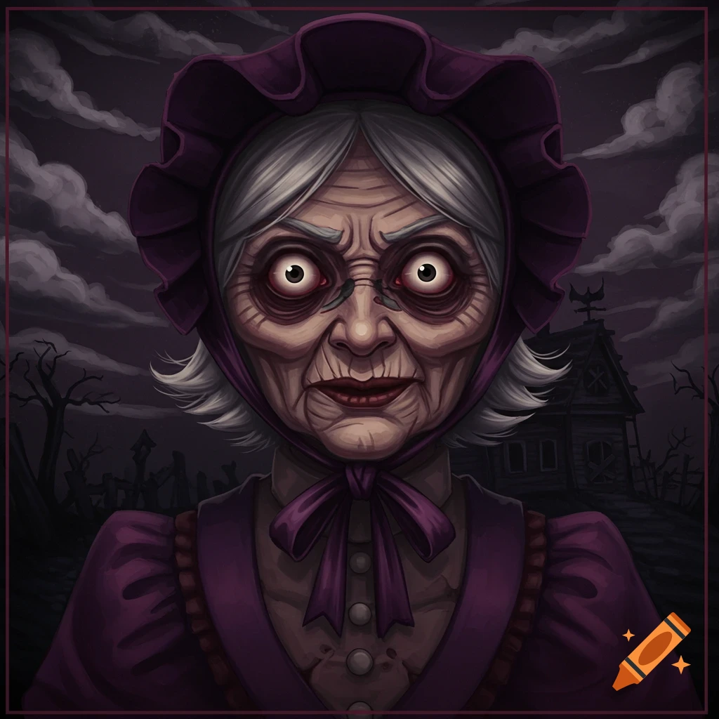 A creepy old woman with bulging red eyes and a bonnet in a dark, stylized horror setting with a haunted house.