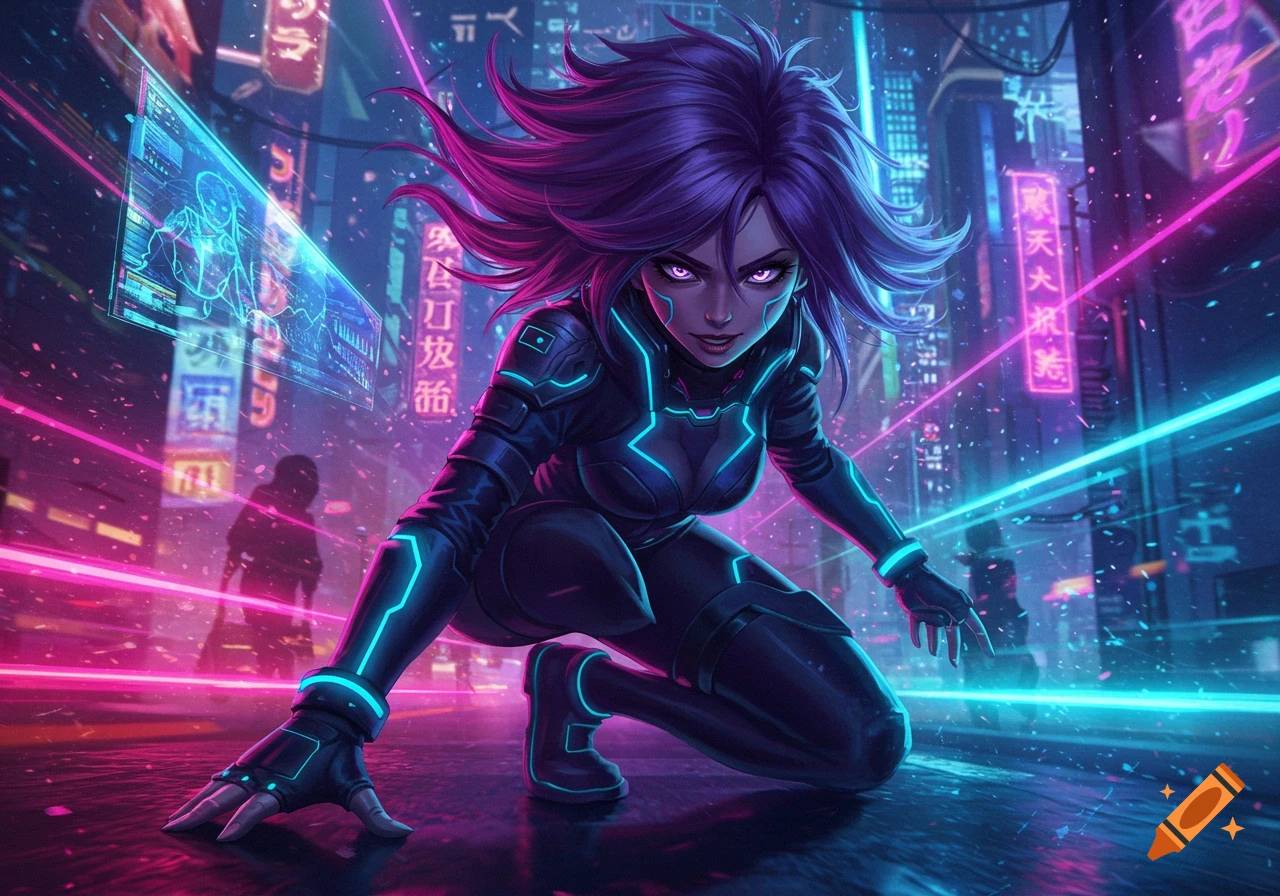 A powerful female character with purple hair and glowing eyes crouches in a neon-lit cyberpunk city.