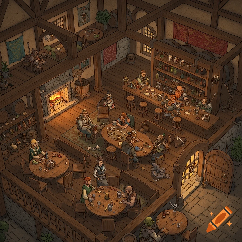 A detailed, isometric cartoon illustration of a lively fantasy tavern, filled with diverse characters seated at tables, playing games, and drinking at the bar, under warm, glowing light from a fireplace.