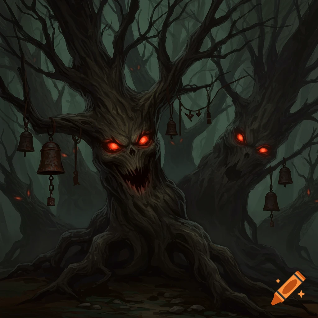 A dark, spooky forest scene with gnarled trees that have glowing red eyes and menacing faces. Old bells hang from their branches.