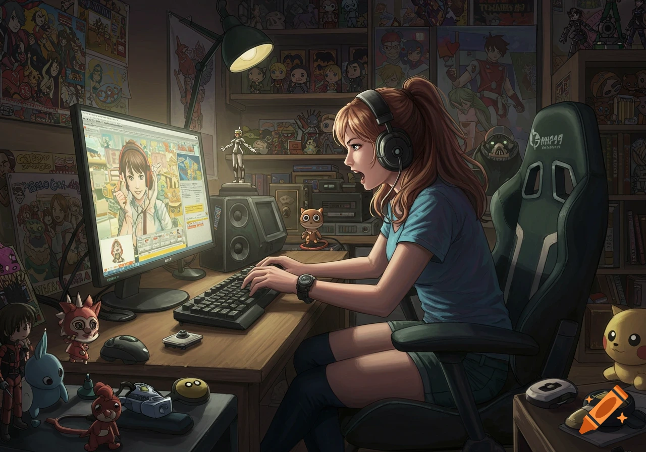 An anime-style illustration of a girl in headphones playing a game on a desktop PC in a cluttered room filled with anime, comic, and game collectibles.