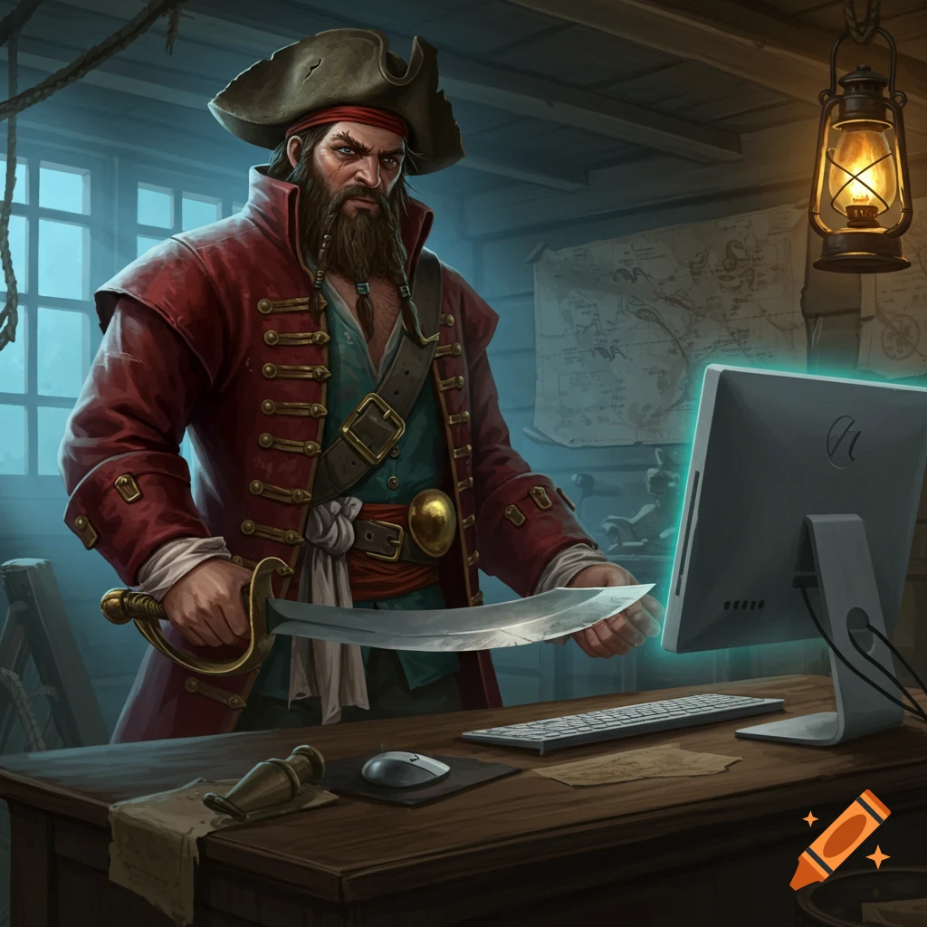 A stylized digital painting of a pirate in a red coat and tricorn hat, holding a saber and looking intently at a glowing computer screen on a wooden desk.