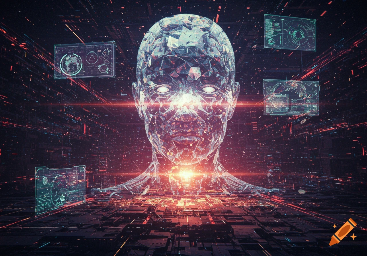 A detailed, illuminated crystalline head of a super AI in a dark, glowing digital data environment with floating holographic screens.