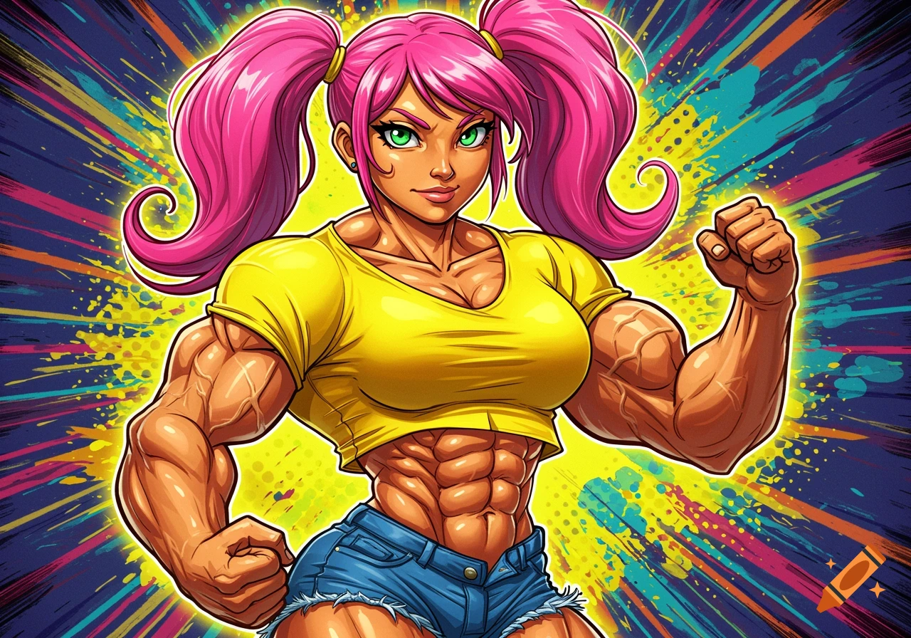 A muscular woman with pink pigtails, a yellow crop top, and denim shorts flexes her biceps in a vibrant comic book style against a colorful, abstract background.