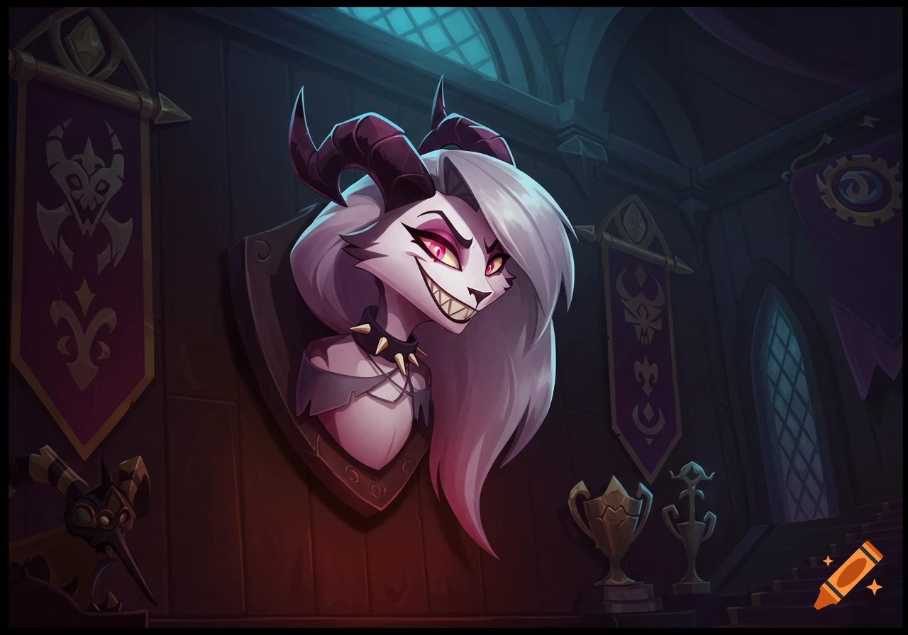 A cartoonish gray wolf-like demon with horns and sharp teeth, mounted as a trophy head on a dark wooden wall, in a dim gothic room.