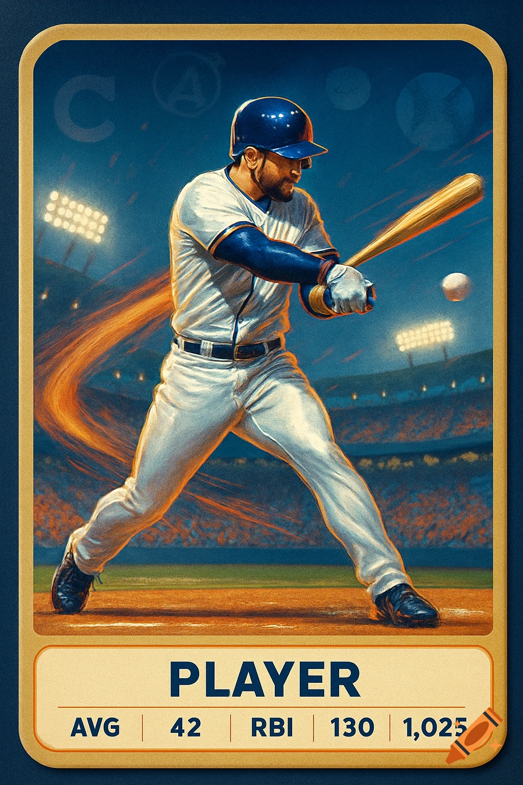 A baseball player in a white and blue uniform swings a bat on a baseball card, with stadium lights and stats.