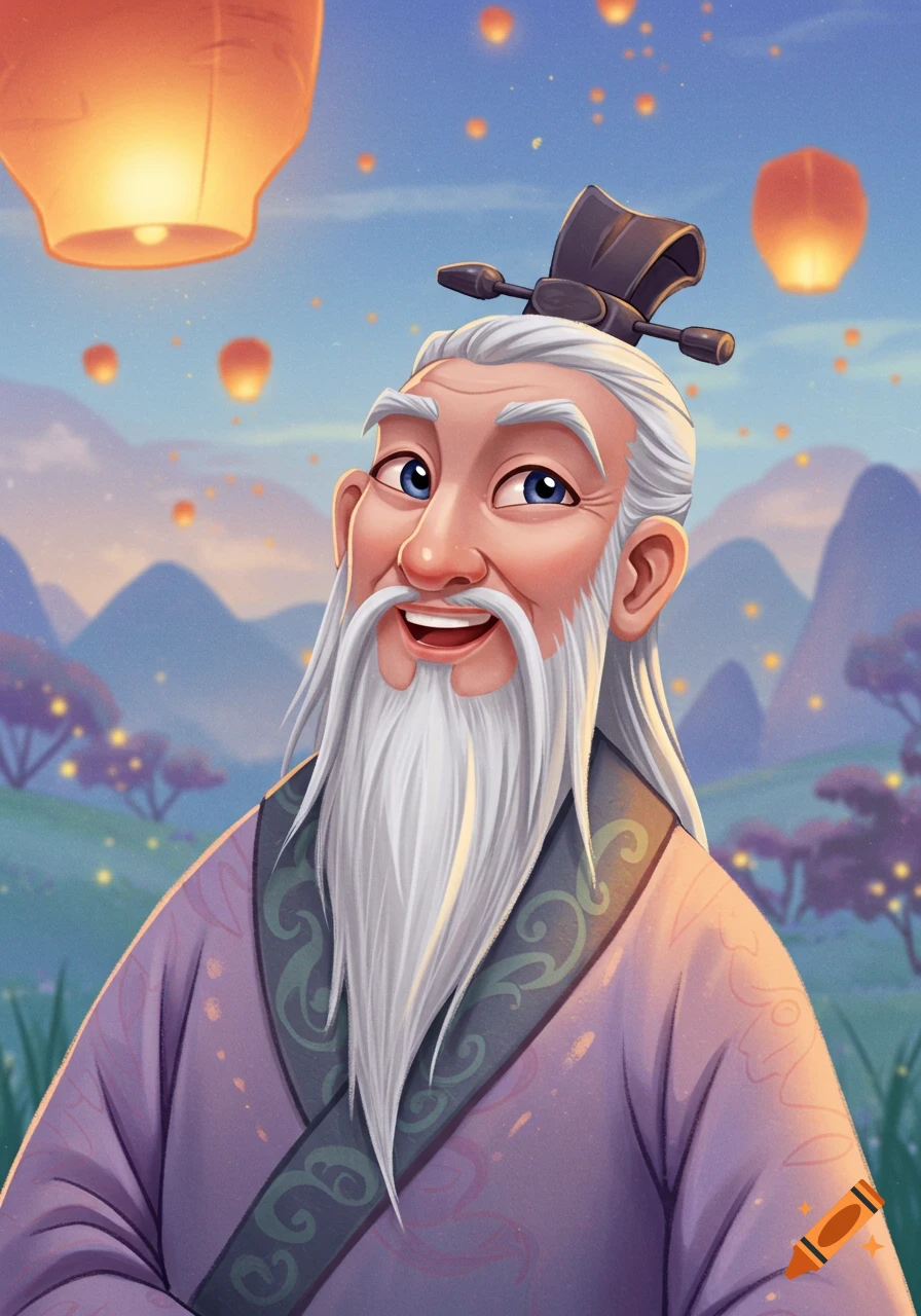 A smiling animated old man with a long white beard and black hat, wearing purple robes, under a sky filled with glowing lanterns.
