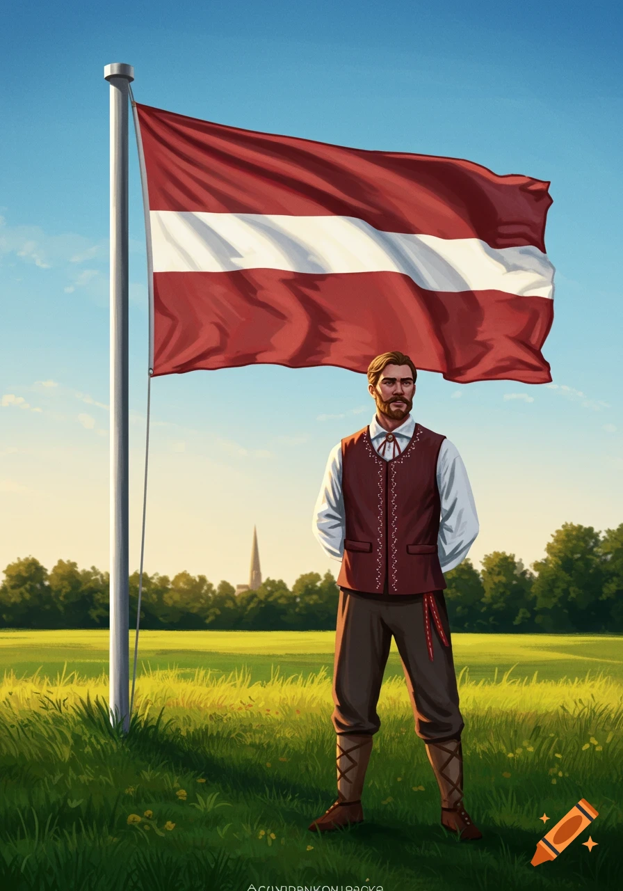 A bearded man in a red traditional vest stands in a sunny field under a large red and white Latvian flag.