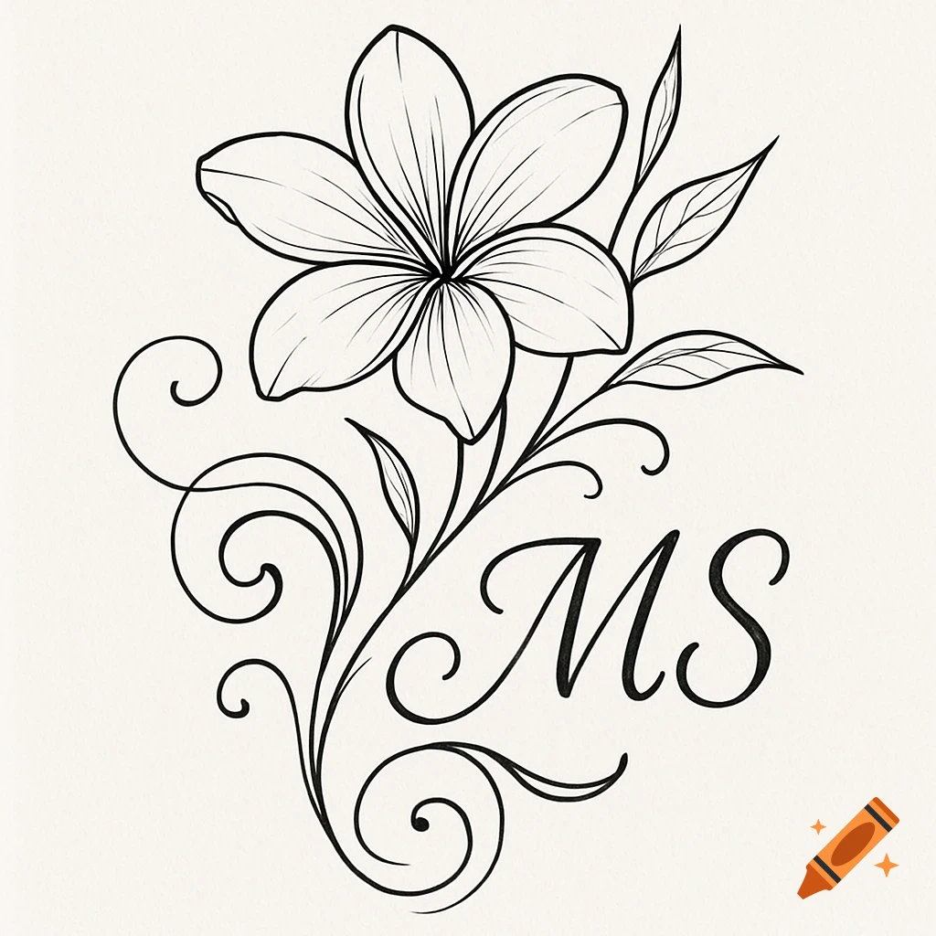Black and white line art tattoo design featuring a frangipani flower with the initials MS incorporated into decorative swirls.