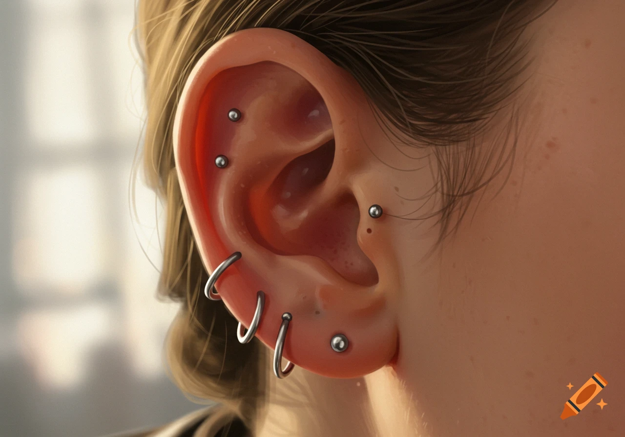 Close-up of an ear with multiple piercings, including rings and studs, against a blurred background.