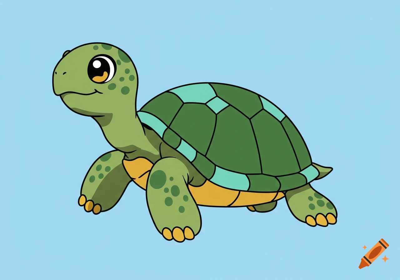 A cute cartoon turtle with a green body and dark green and light blue patterned shell on a light blue background.