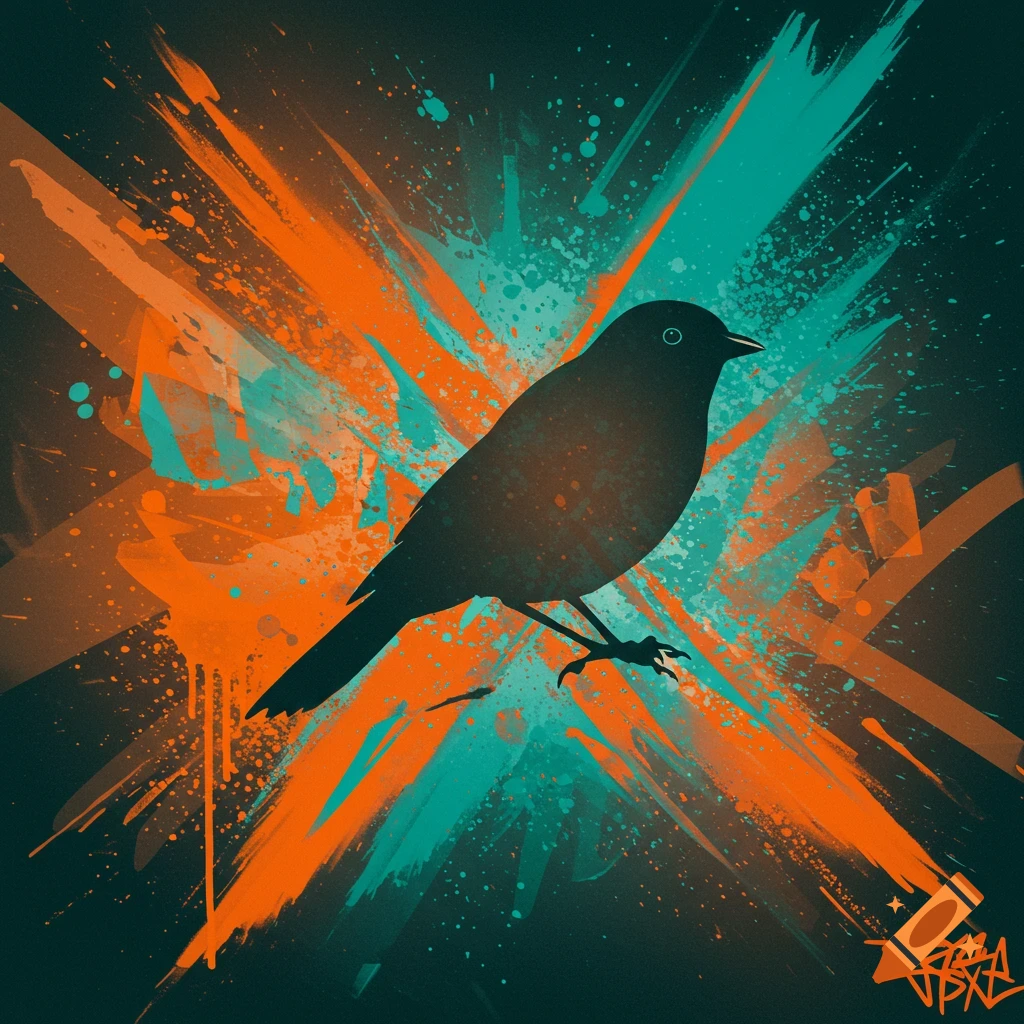 A black bird silhouette against a vibrant abstract background of orange and teal paint splatters.