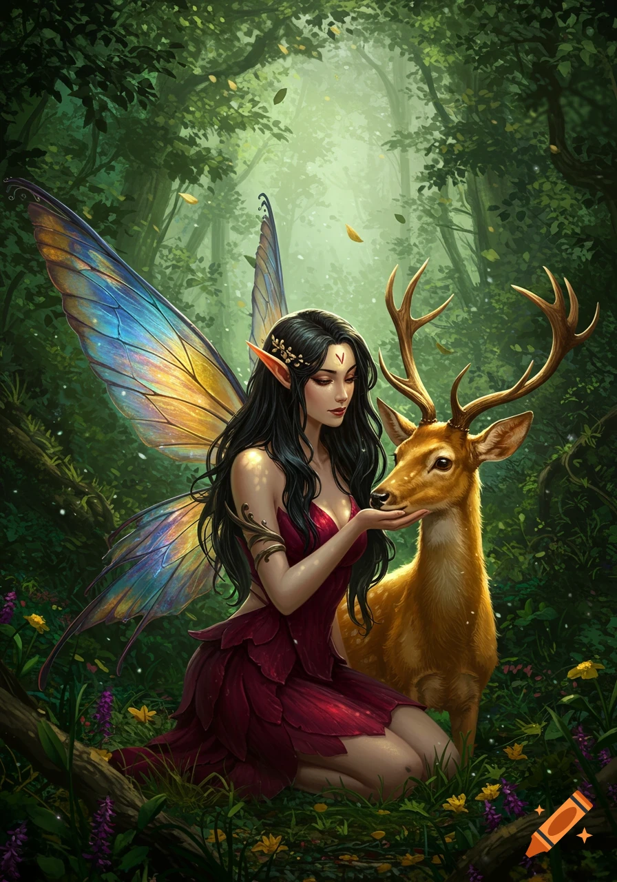 A dark-haired fairy with colorful wings kneels in an enchanted forest, gently petting a golden deer in a realistic fantasy art style.
