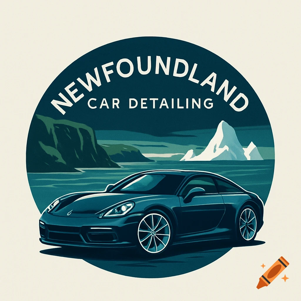 Circular logo for Newfoundland Car Detailing, showing a dark blue sports car in front of a stylized coastal landscape with mountains and an iceberg.