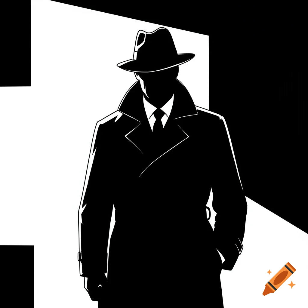 Black and white illustration of a man in a trench coat and fedora, silhouetted against a bright doorway.