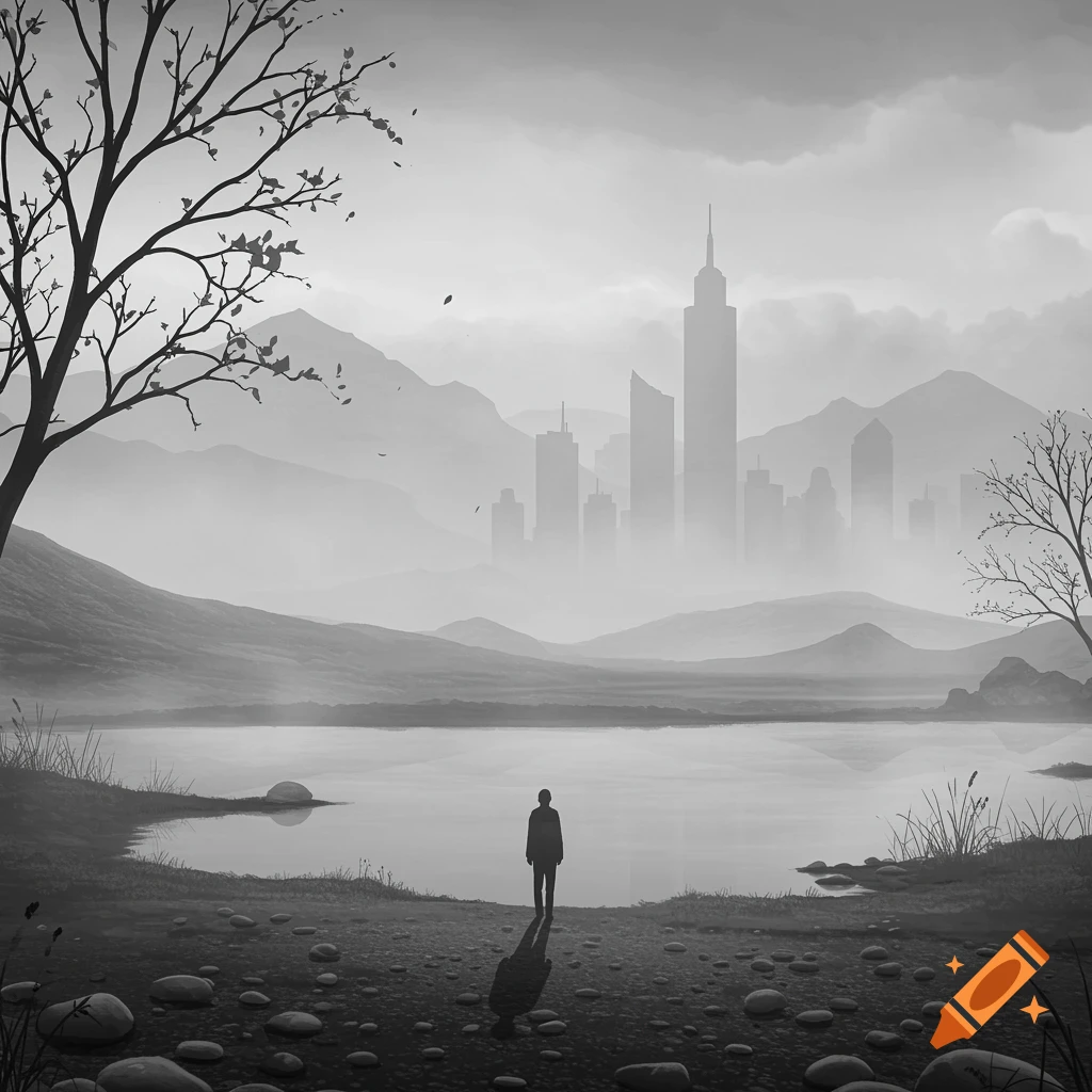 A monochromatic illustration of a person by a lake, facing a misty city skyline and mountains.