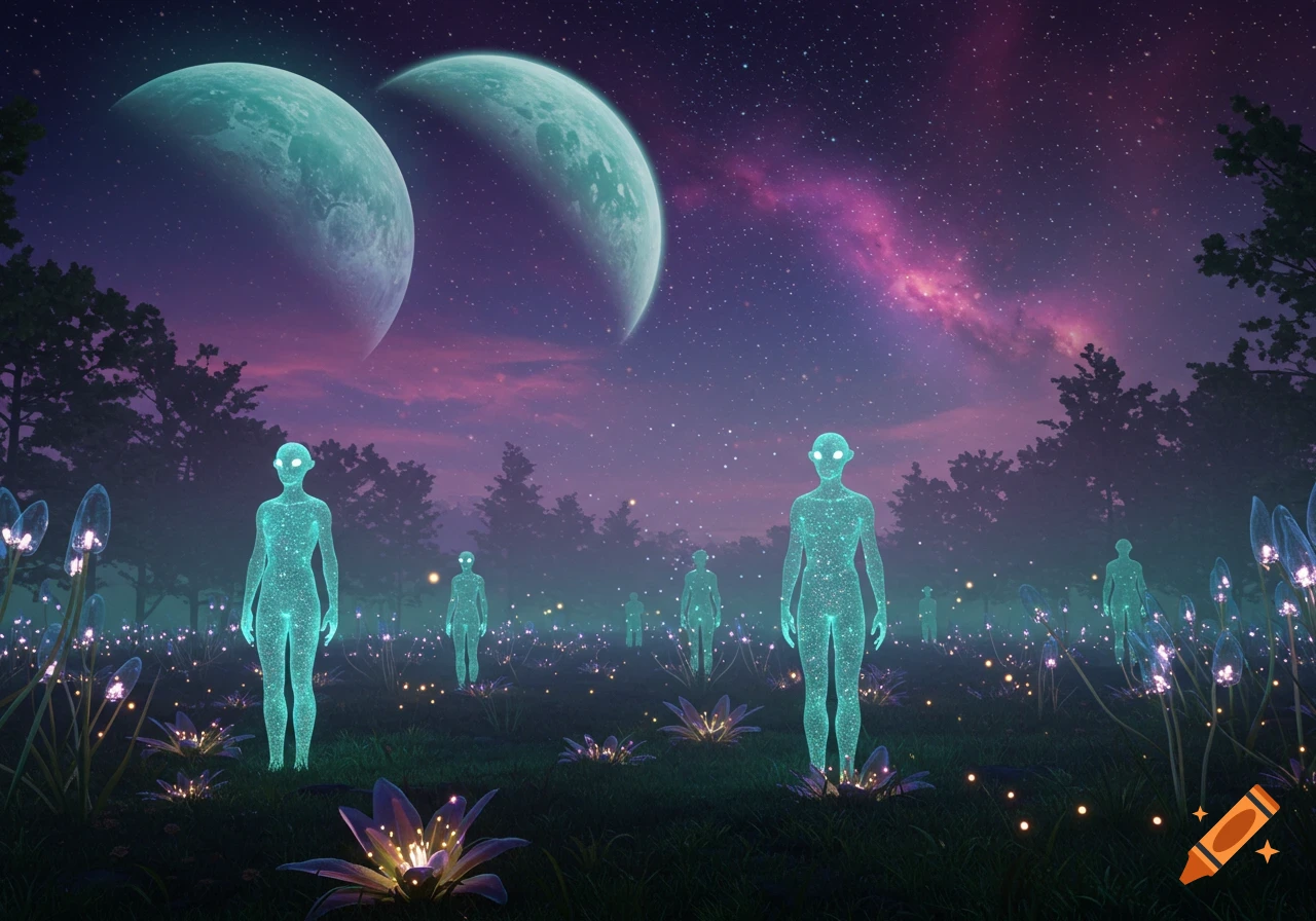 Glowing alien figures in a fantastical forest at night under a starry sky with two large planets.