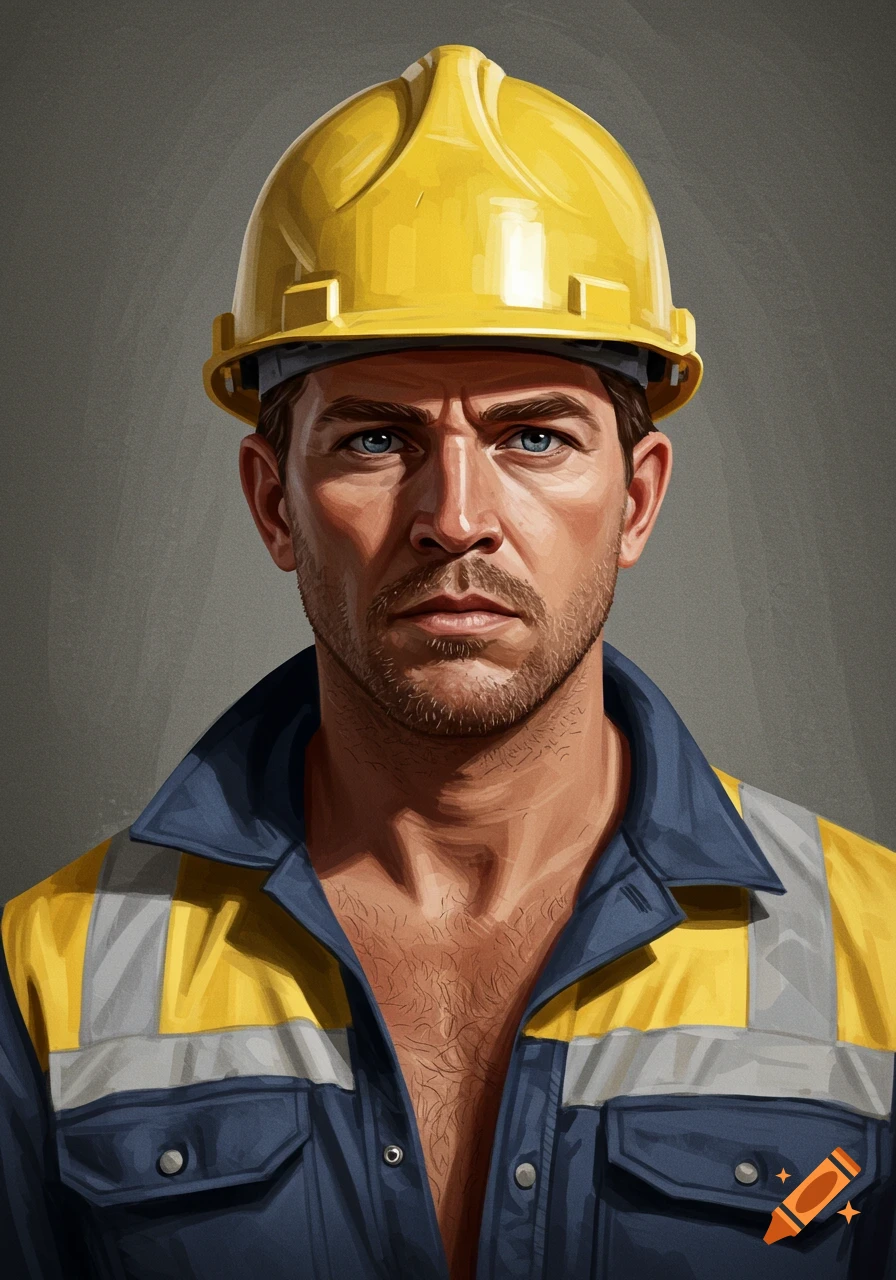 Illustrated portrait of a serious man in a yellow hard hat and blue work shirt, with a beard and intense blue eyes.