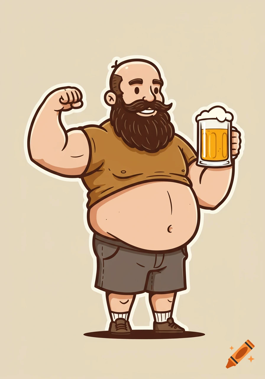 Cartoon of an overweight, bald man with a beard flexing one arm and holding a mug of beer.