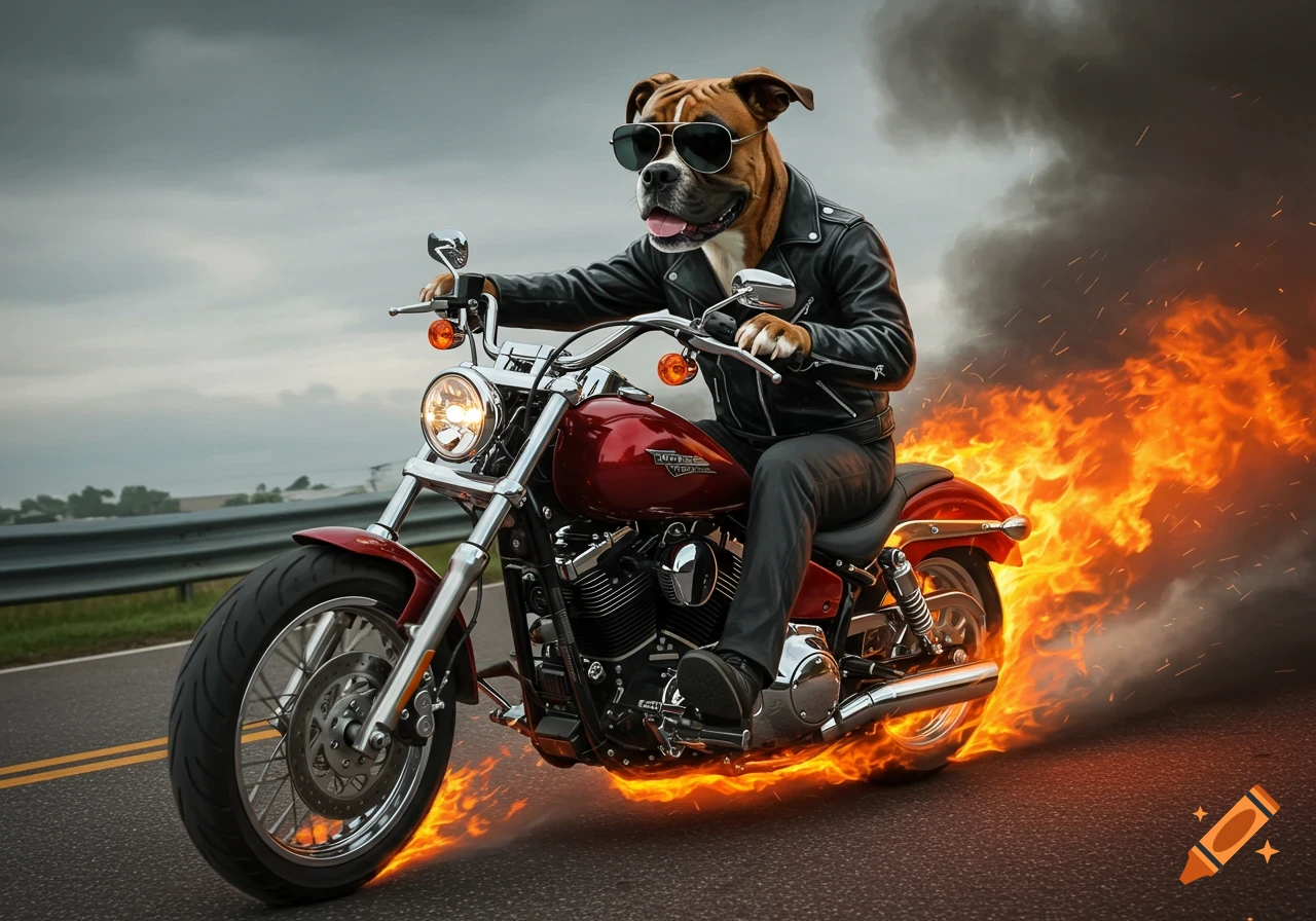 A cool boxer dog in a leather jacket and sunglasses rides a red motorcycle down a road, leaving a trail of fire and smoke.