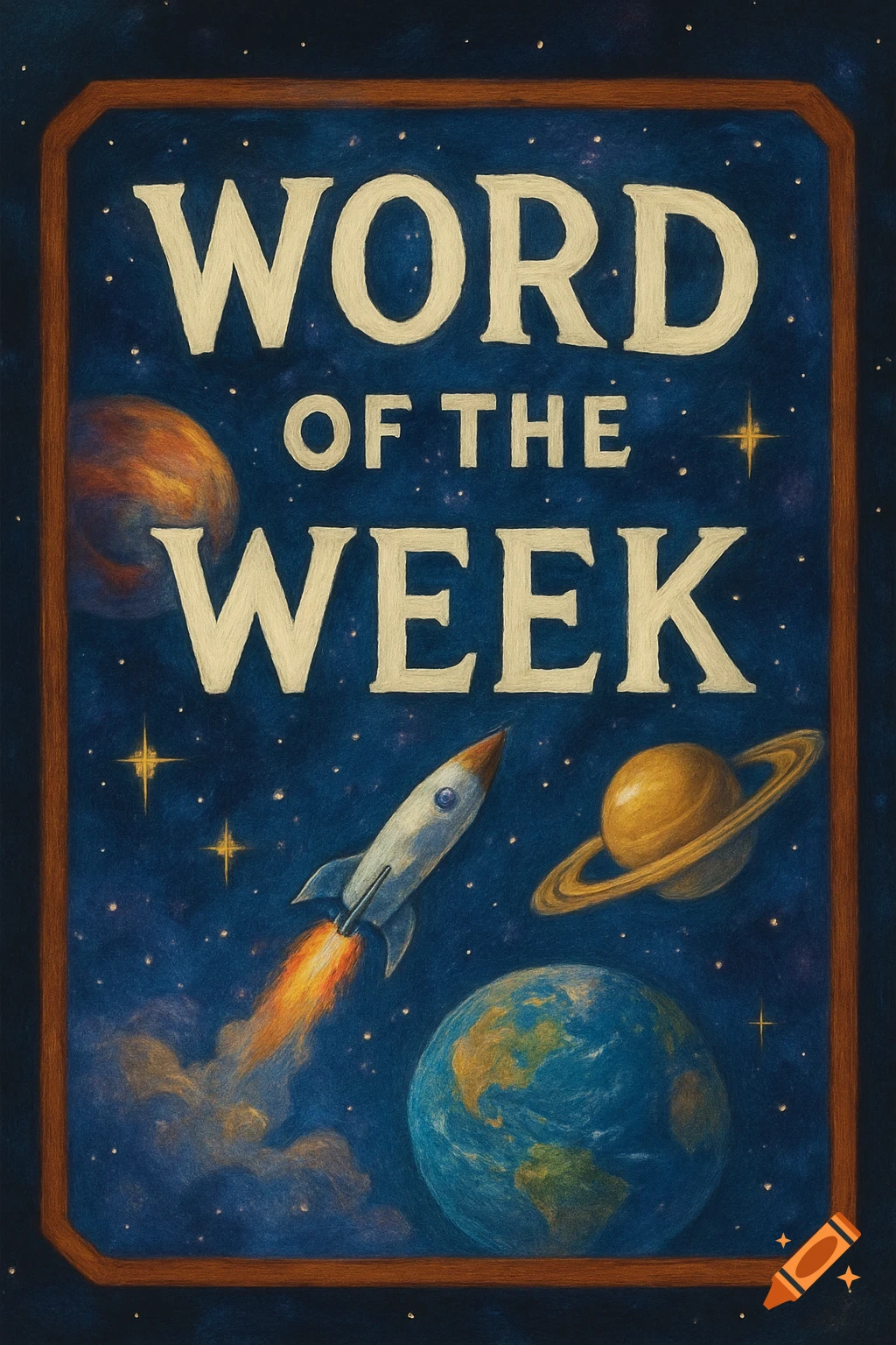 A textured illustration of a sign that reads 'WORD OF THE WEEK' in a space scene with planets, stars, and a rocket.