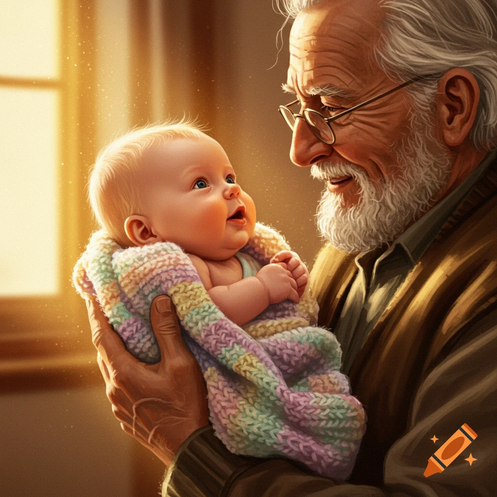 A bearded old man wearing glasses lovingly holds a baby wrapped in a colorful blanket, bathed in warm golden light.