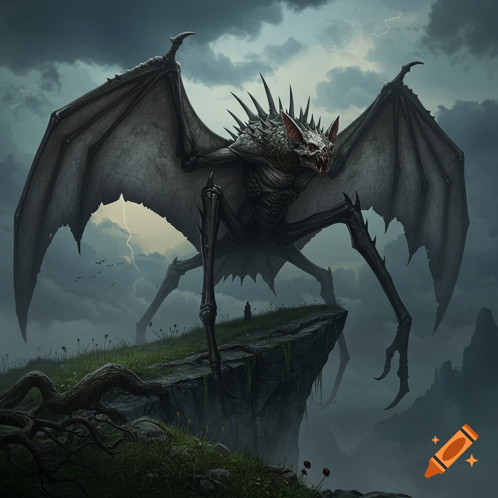 A giant monstrous bat-like creature with spider legs and a spiky back stands on a cliff under a stormy sky.