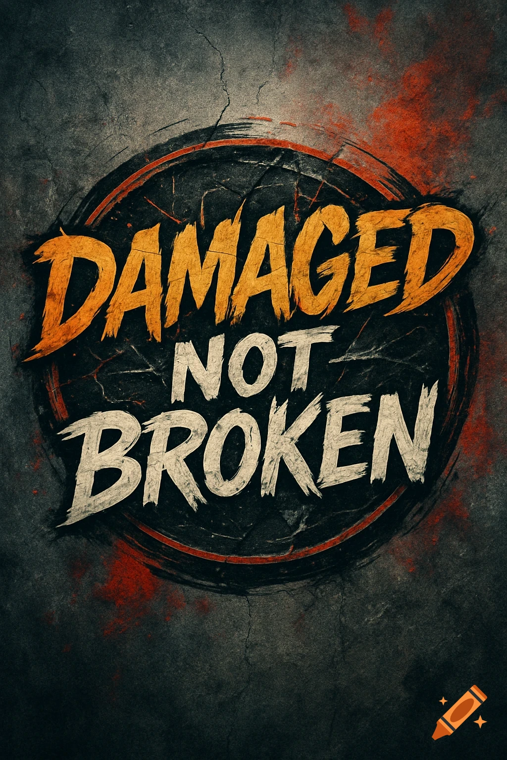 Bold orange and white grunge text reads 'DAMAGED NOT BROKEN' on a dark, distressed background with red accents.