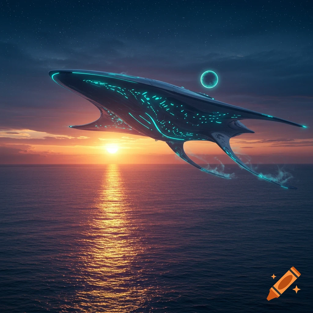 A futuristic alien airship with glowing blue lights flies over a calm ocean at sunset, with a faint planet or moon visible in the starry sky.