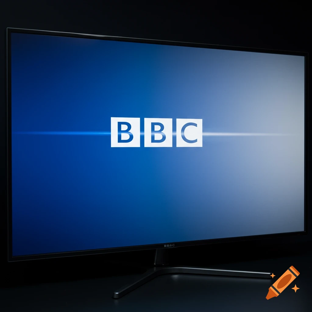 A modern television displaying the white BBC logo on a blue screen.