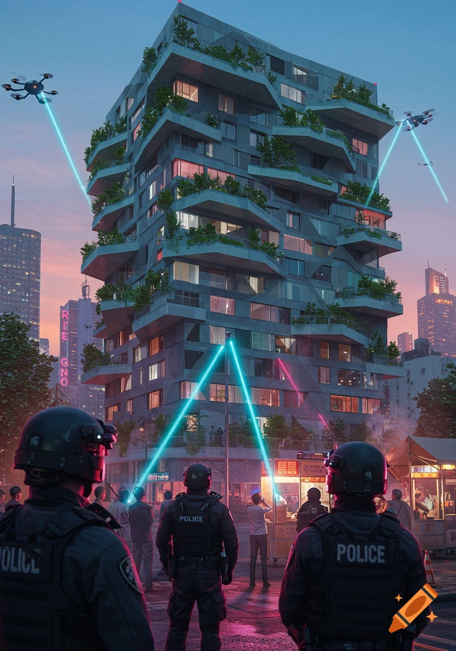 Photorealistic image of police officers looking at a futuristic apartment building with green terraces, lit by neon lights and surveillance drones in a city at dusk.