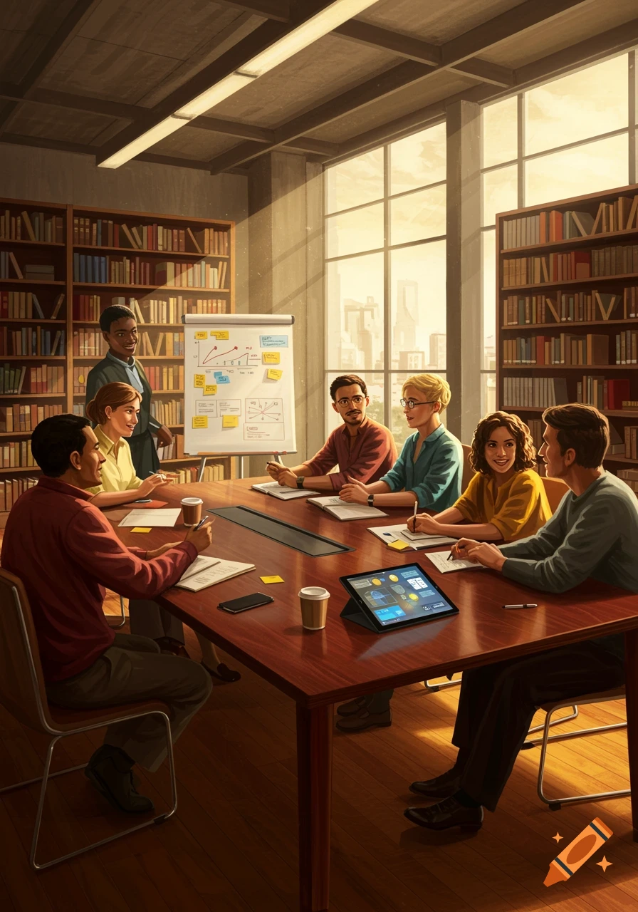 A diverse group of people discussing around a table in a sunlit library or office space with bookshelves and a whiteboard.