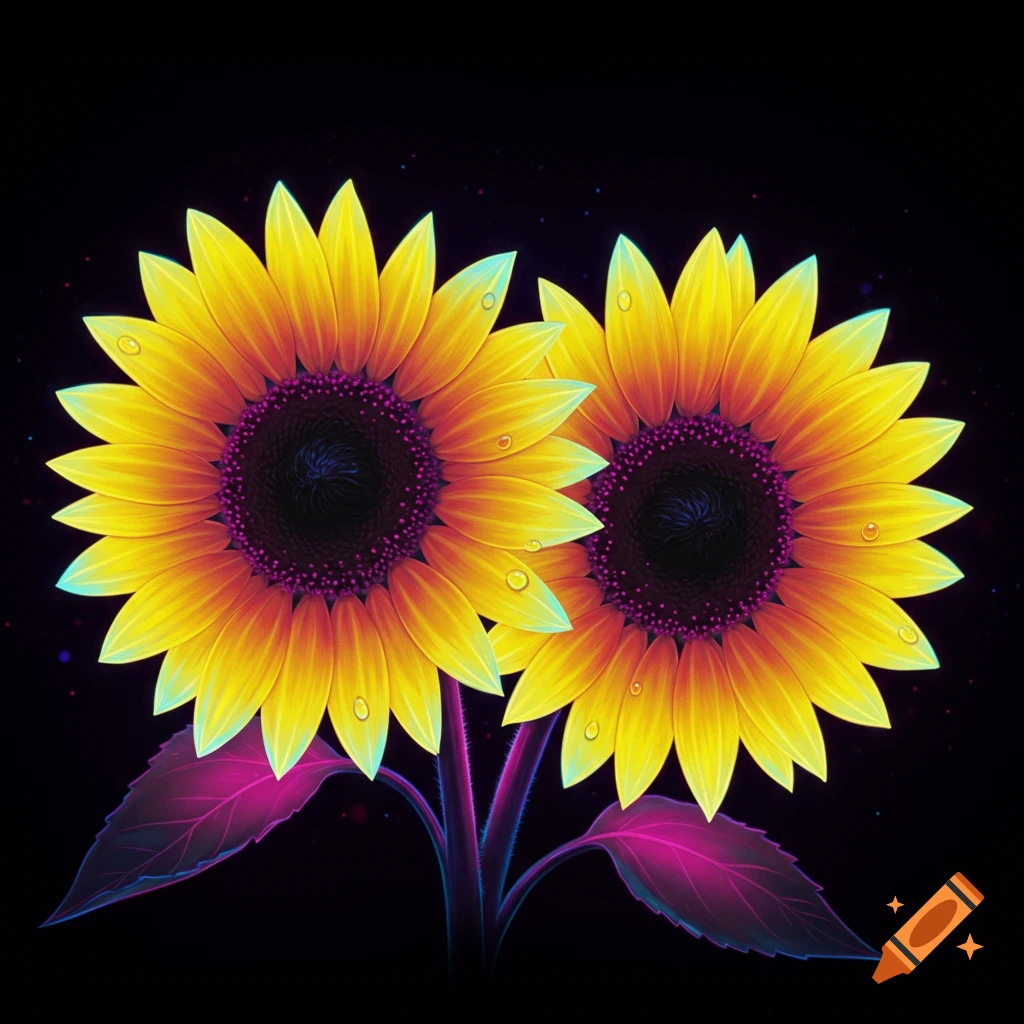 Two vibrant neon sunflowers with glowing petals and leaves on a dark background.