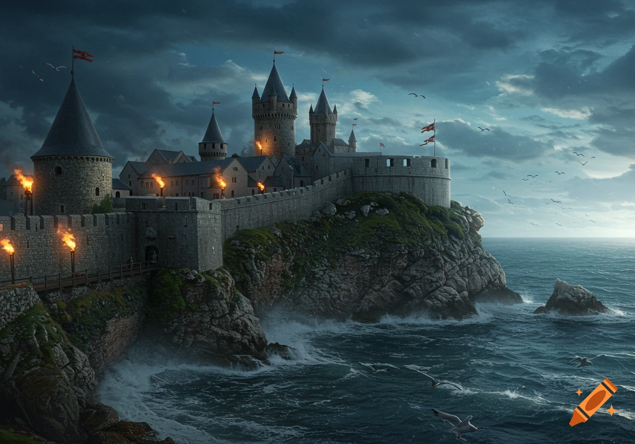 A dramatic image of a medieval castle perched atop a rocky cliff overlooking a turbulent, dark blue sea under a stormy sky.