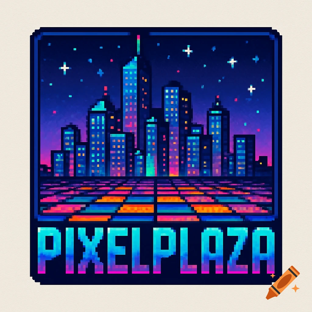 Pixel art logo featuring a retro-futuristic cityscape at night with a colorful grid floor and the text 'PIXELPLAZA' at the bottom.
