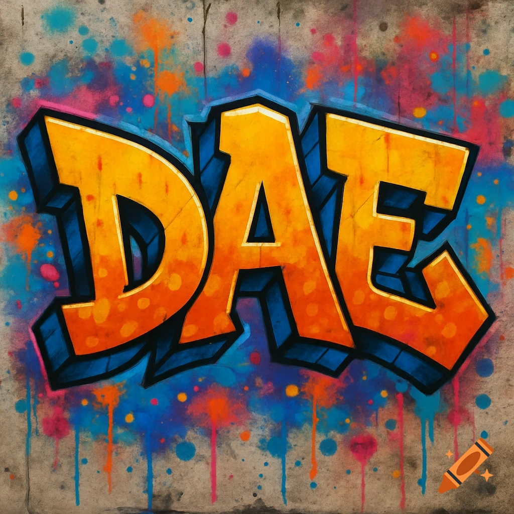 Graffiti art of the word 'DAE' in bold orange and blue bubble letters with colorful paint splatters on a concrete wall.