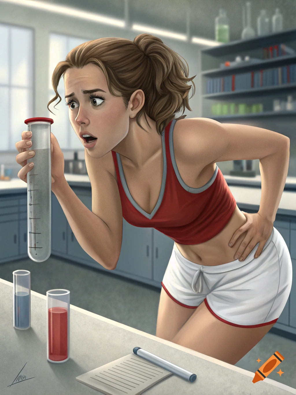 Digital illustration of a female lab technician looking in astonishment at a test tube with grey fluid in a laboratory.