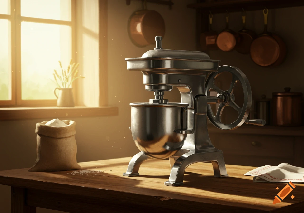 A retro stand mixer on a wooden table next to a bag of flour in a sunlit kitchen.