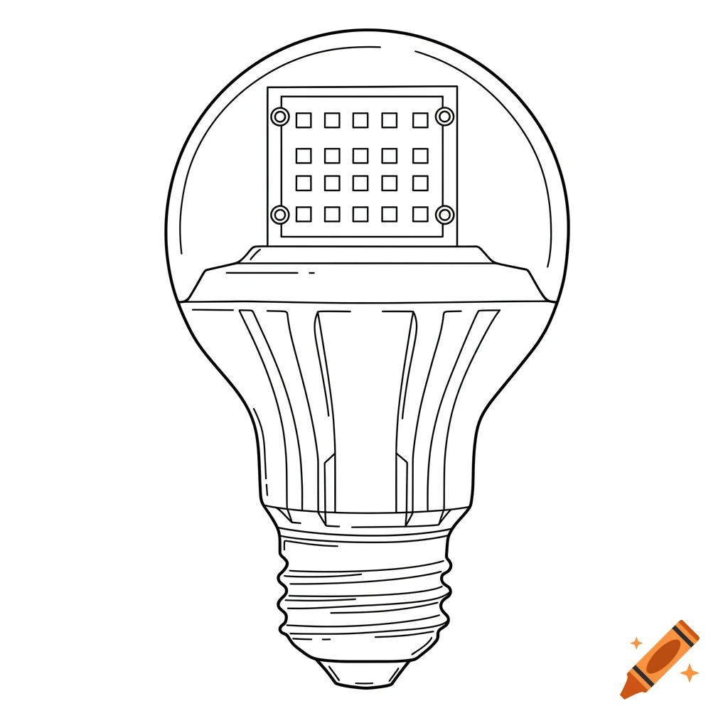 Black and white line art of an LED light bulb for a coloring sheet.