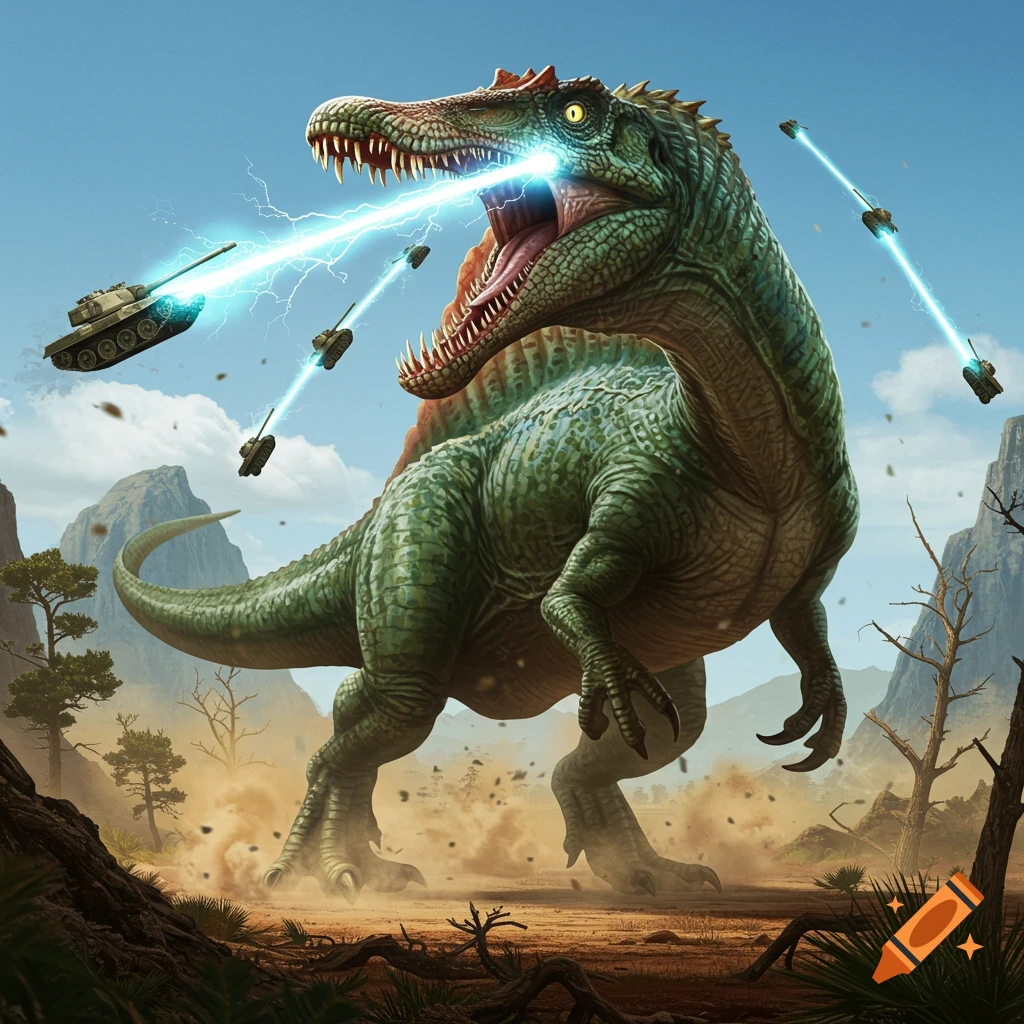 A giant Spinosaurus battling tanks in a desert landscape, firing blue lasers from its eyes.