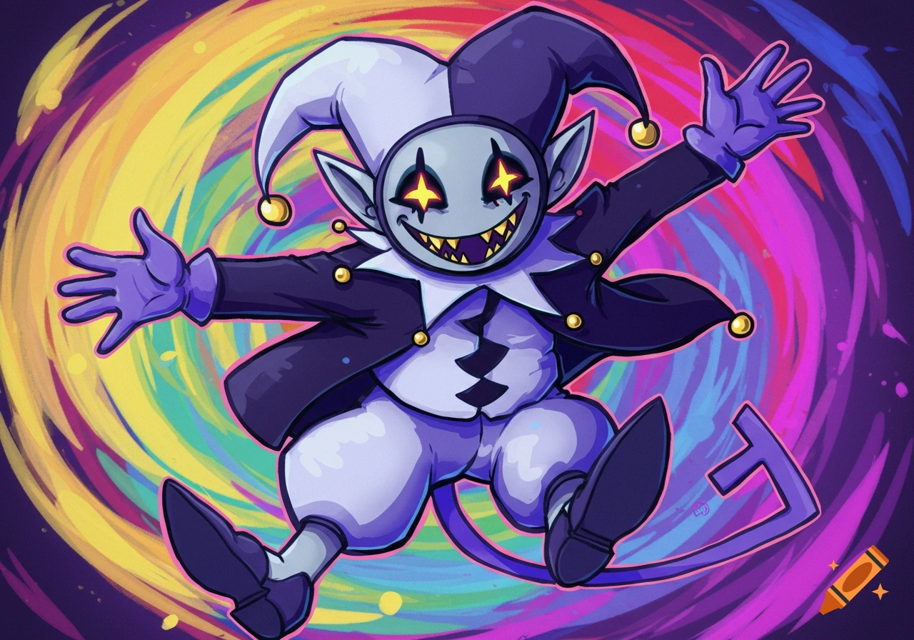 A cartoonish jester-like demon with a wide grin and starry eyes, arms outstretched, against a swirling colorful psychedelic background.