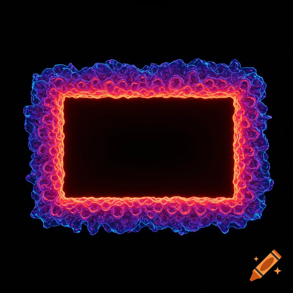 A rectangular frame with a vibrant, psychedelic glow of red, orange, purple, and blue colors on a black background.