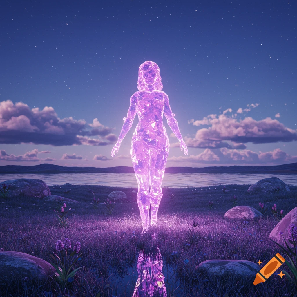A glowing humanoid figure made of purple crystal stands in a grassy field beside water under a starry night sky.