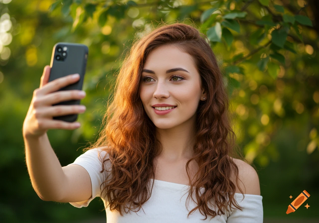 A smiling young woman with curly red hair taking a selfie with a smartphone outdoors in a photorealistic style.