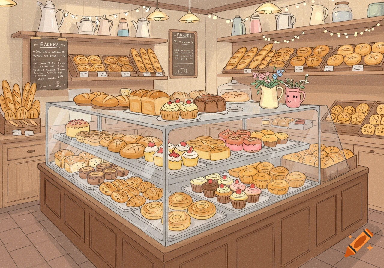 A charming drawing of a bakery interior with various breads, cakes, muffins, and pastries displayed in a glass case and on shelves.