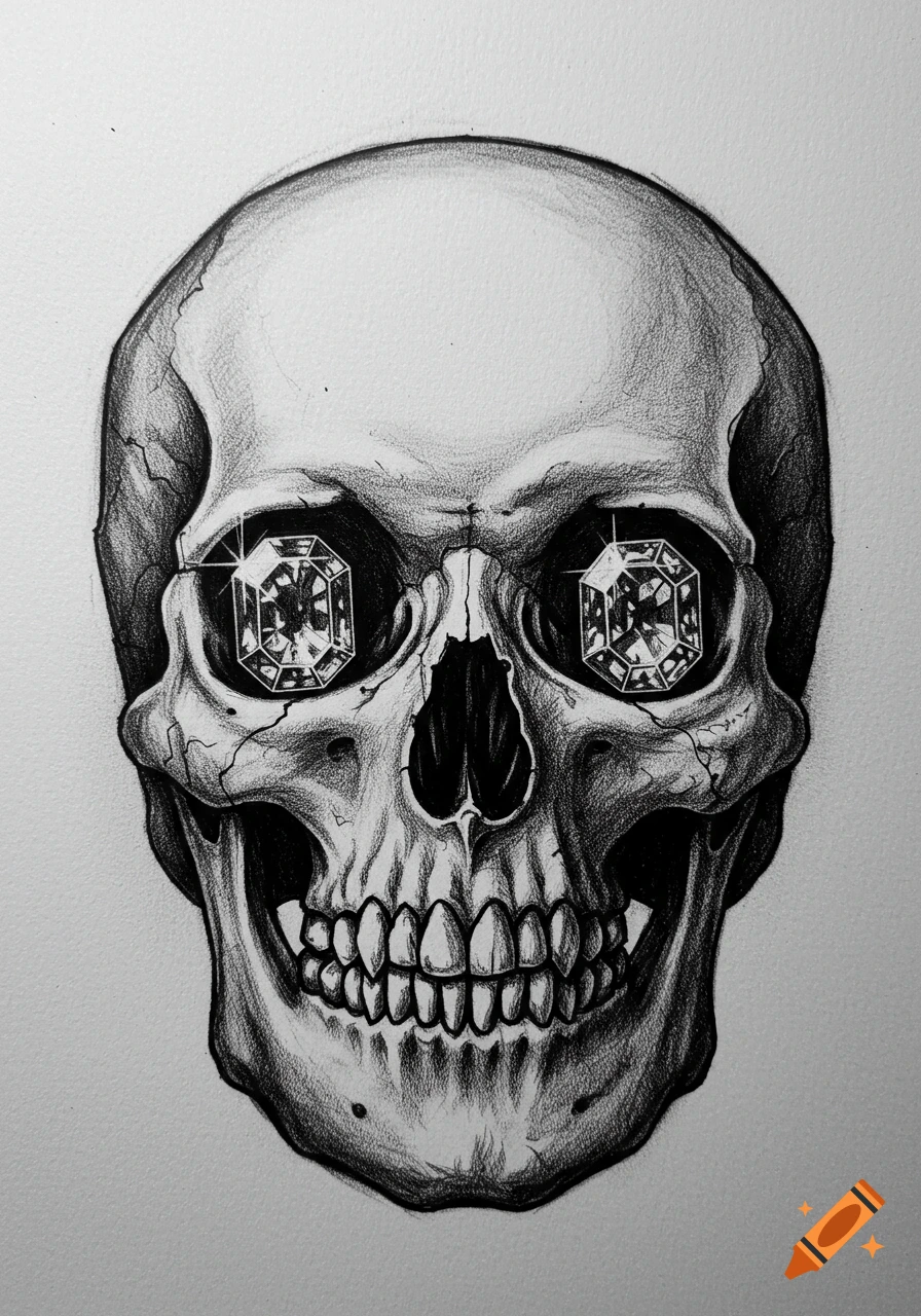 A black and white sketch of a skull with sparkling gemstones in its eye sockets.