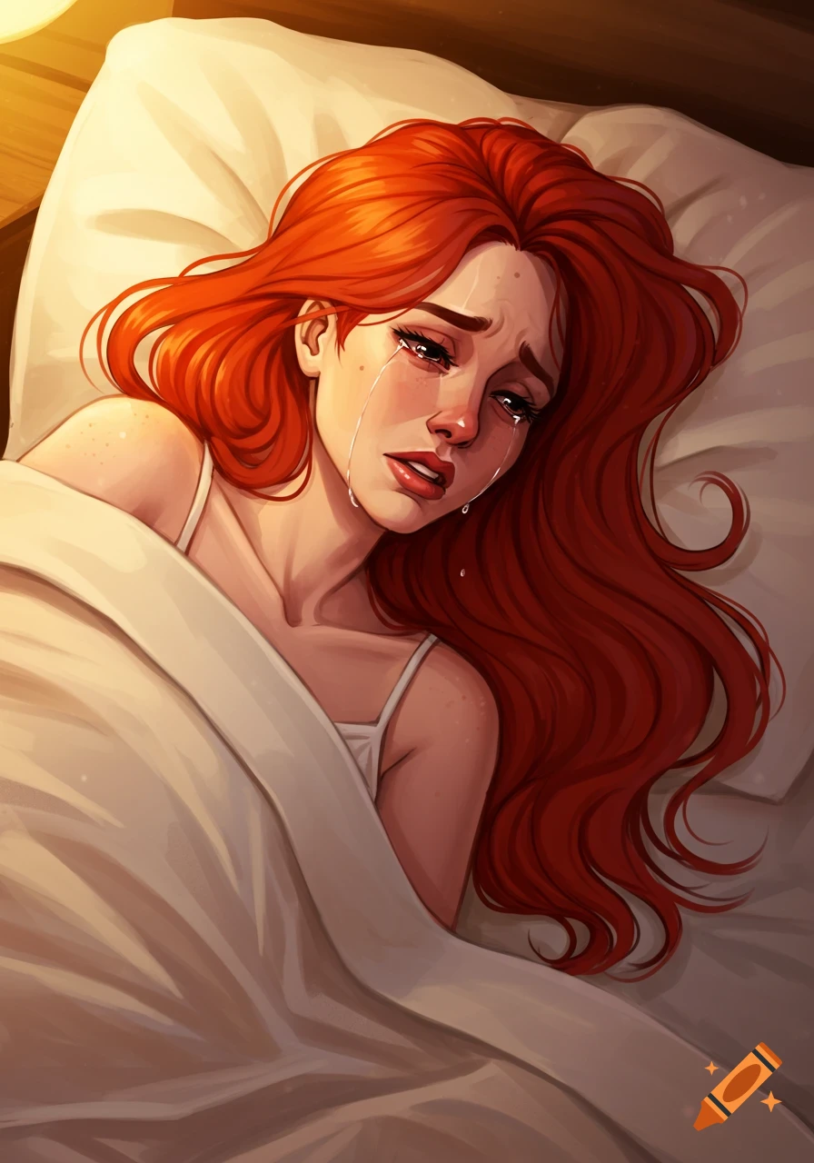 A woman with long red hair is crying in bed, looking sad in an illustrative style.