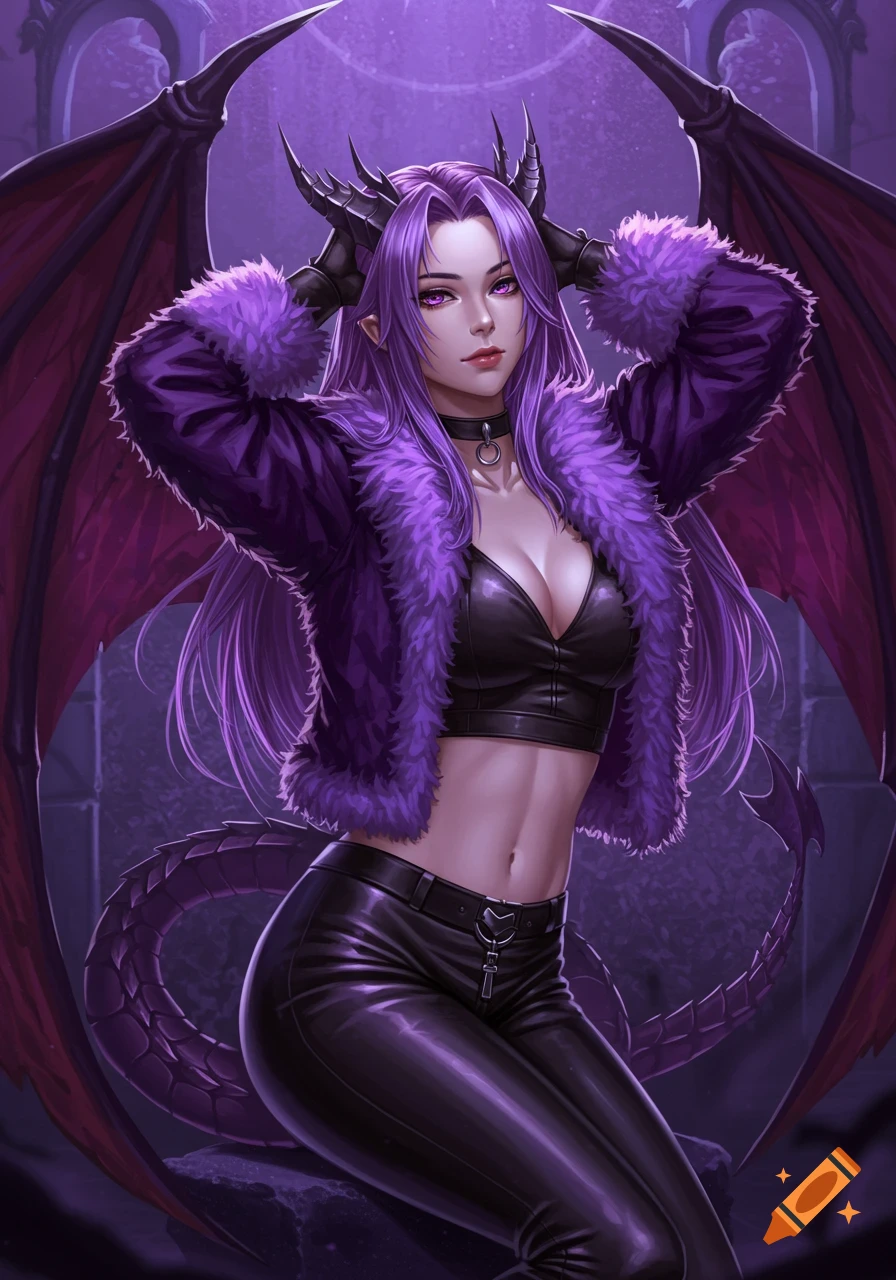 Anime woman with purple hair, horns, and dragon wings in a purple fur coat and leather outfit, posing in a dark fantasy setting.