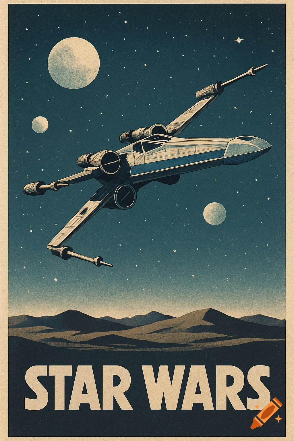 Vintage sci-fi poster featuring an X-Wing spaceship flying over mountains under a starry sky with moons, text reads 'STAR WARS'.